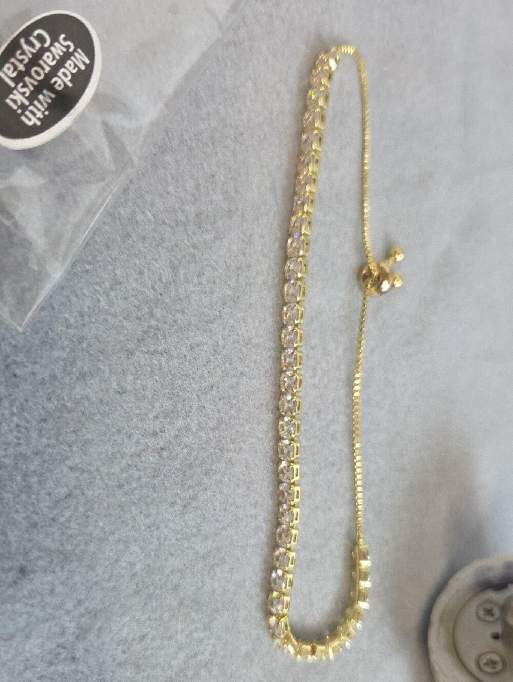 Adjustable Clear Crystal Tennis Bracelet Made w Swarovski Crystals Gold Plated. - Picture 3 of 5
